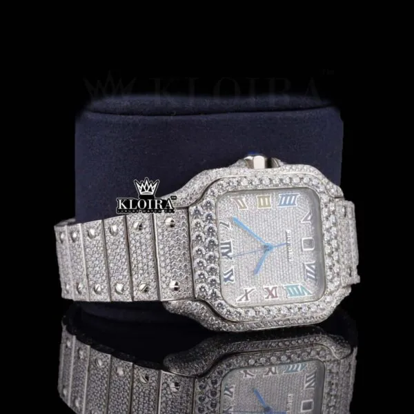 Fully Iced Out Rainbow Roman Numerals Dial Natural Diamond Watch Right Profile View