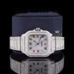 Fully Iced Out Rainbow Roman Numerals Moissanite Diamond Watch Close Up Dial View