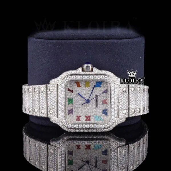 Fully Iced Out Rainbow Roman Numerals Moissanite Diamond Watch Close Up Dial View