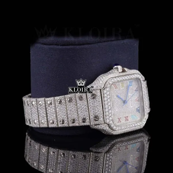 Fully Iced Out Rainbow Roman Numerals Moissanite Diamond Watch Right Profile View