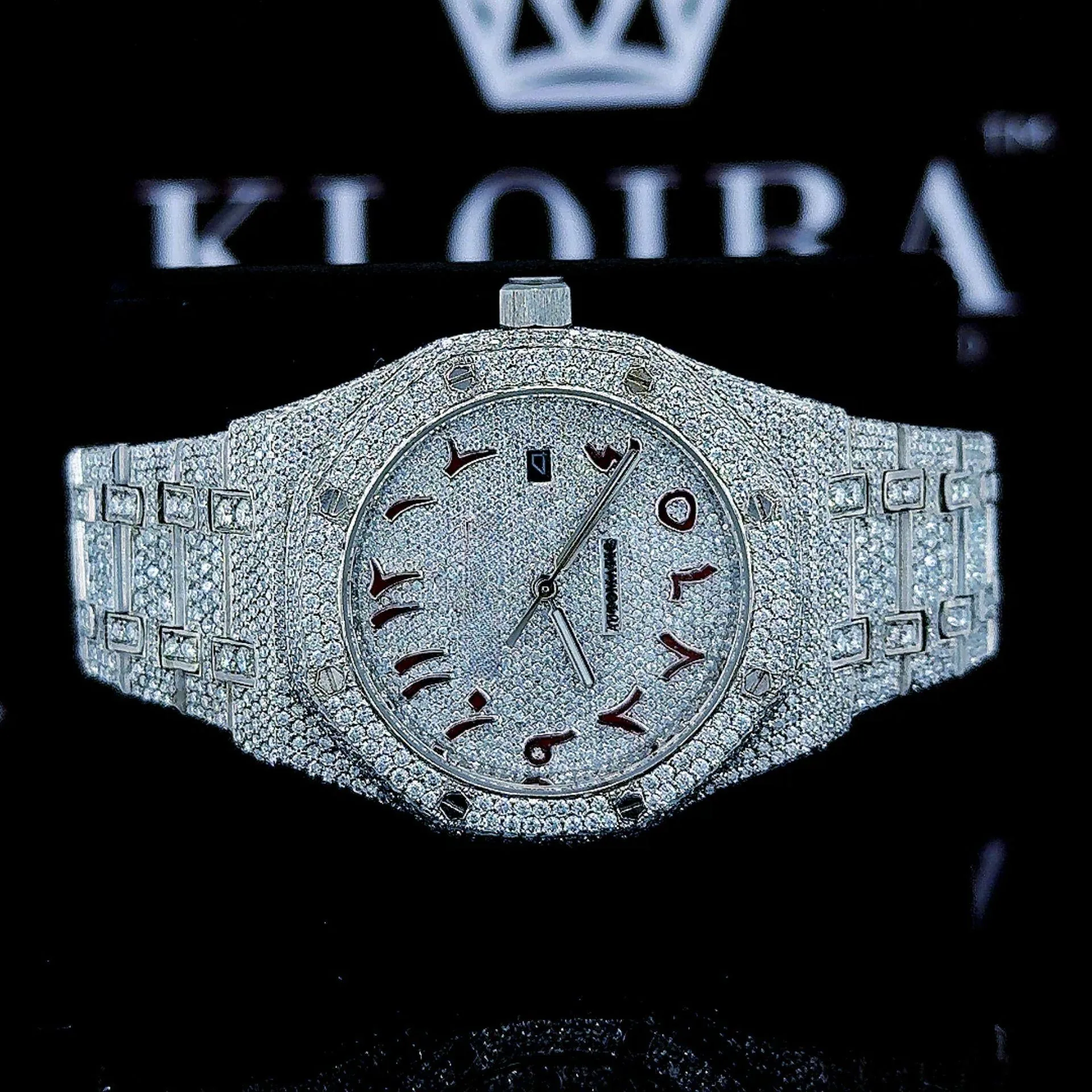 Fully Iced Out Red Arabic Numerals White Dial Moissanite Watch Front View