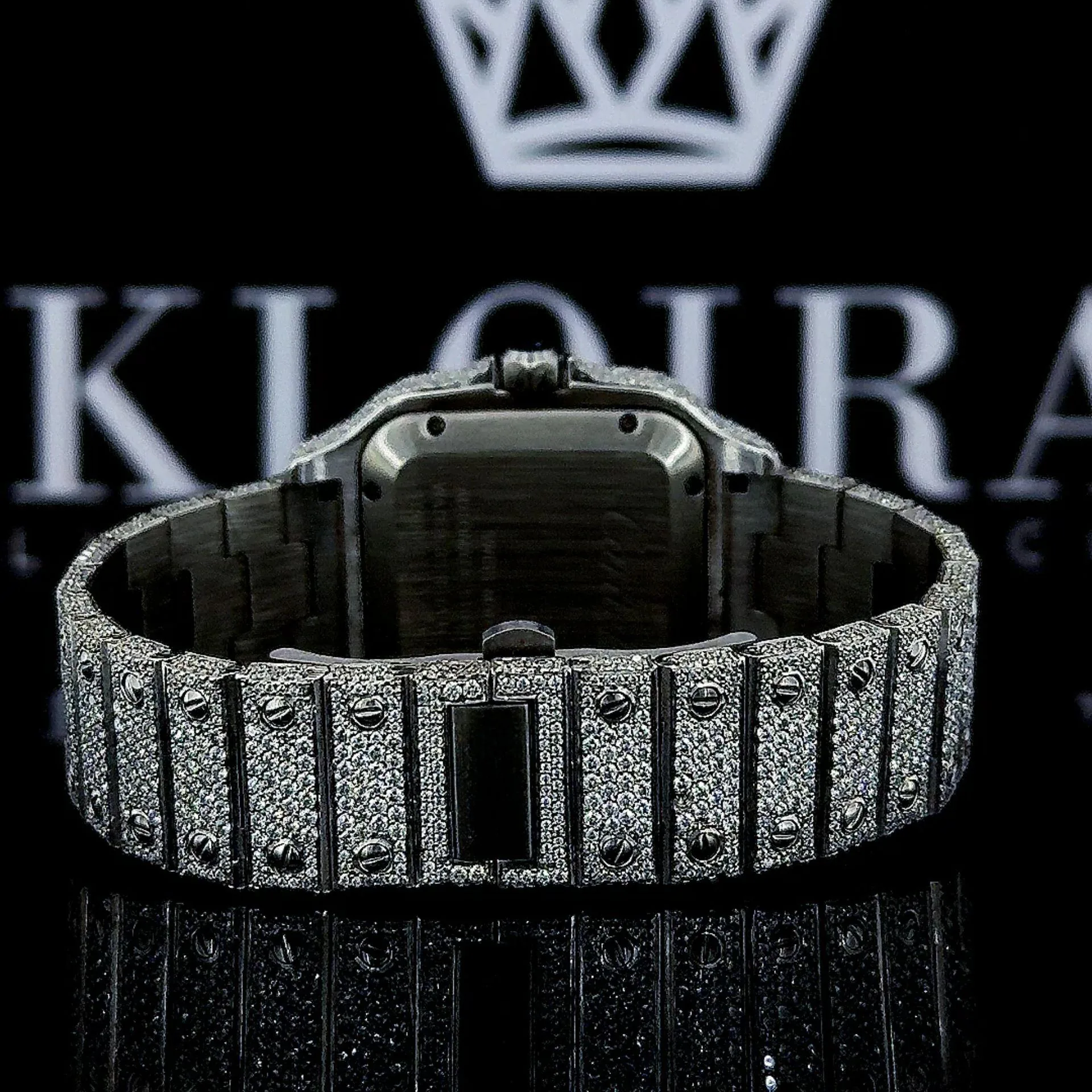 Fully Iced Out Red Dial Roman Numerals Moissanite Diamond Watch Caseback View