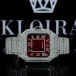 Fully Iced Out Red Dial Roman Numerals Moissanite Diamond Watch Front View