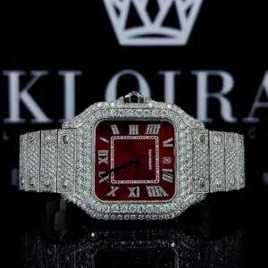 Fully Iced Out Red Dial Roman Numerals Moissanite Diamond Watch