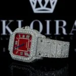 Fully Iced Out Red Dial Roman Numerals Moissanite Diamond Watch Left Profile View