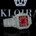 Fully Iced Out Red Dial Roman Numerals Moissanite Diamond Watch Right Profile View