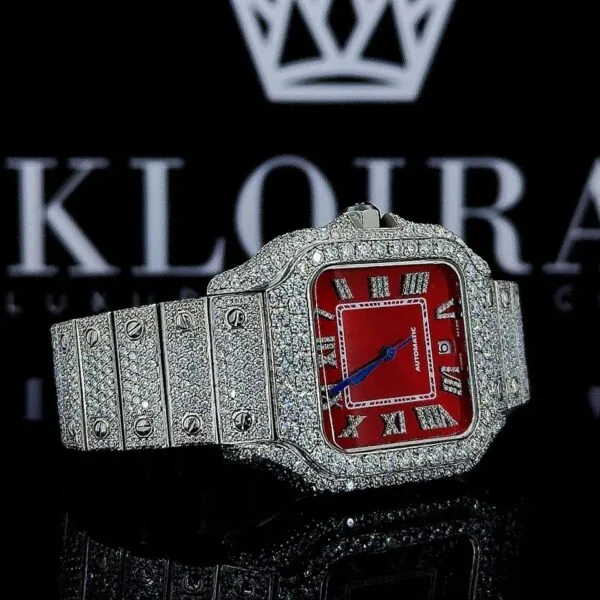 Fully Iced Out Red Dial Roman Numerals Moissanite Diamond Watch Right Profile View