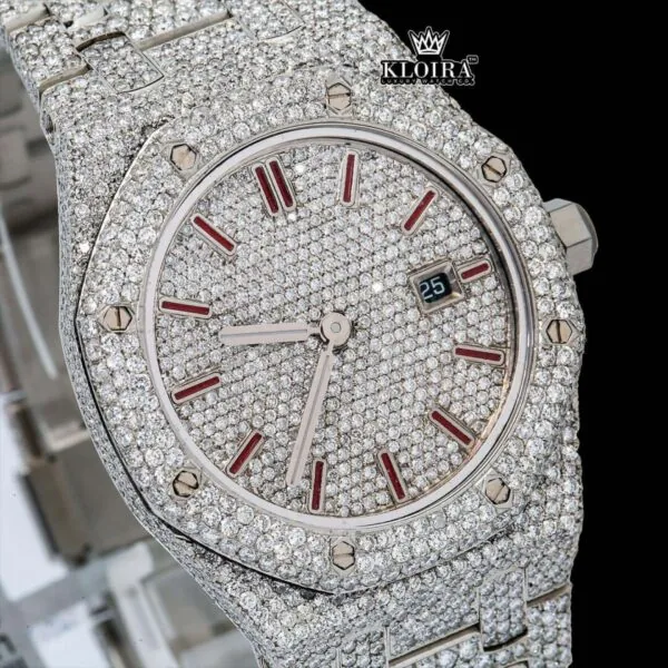 Fully Iced Out Red Stick Date Display Dial Moissanite Diamond Watch Close Up Dial View
