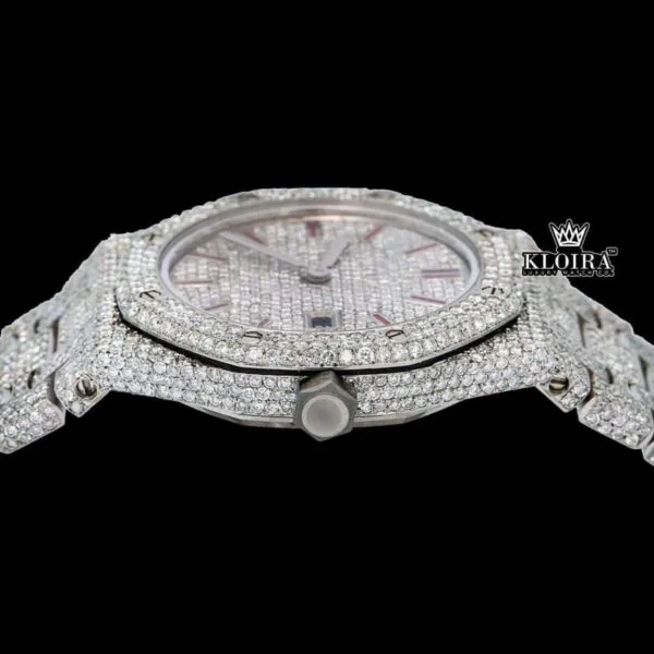 Fully Iced Out Red Stick Date Display Dial Moissanite Diamond Watch Crown View