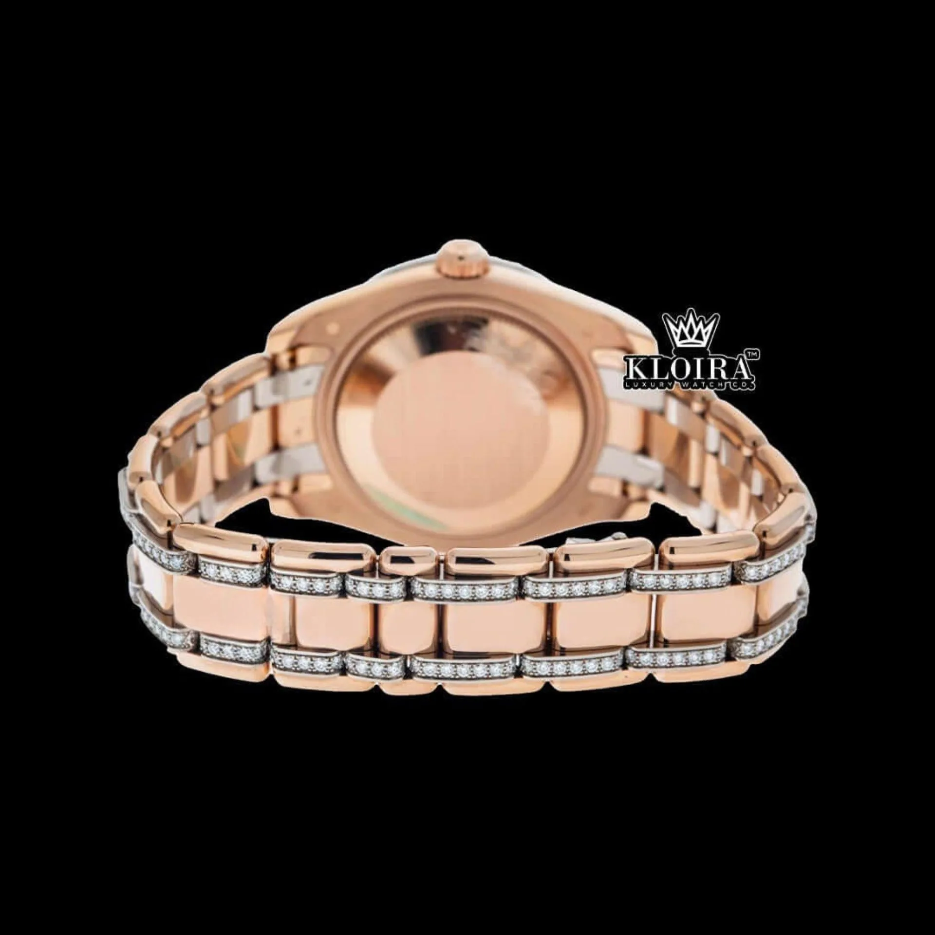 Fully Iced Out Roman Dial Rose Gold Moissanite Watch Caseback View