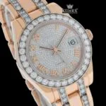Fully Iced Out Roman Dial Rose Gold Moissanite Watch Close Up Dial View