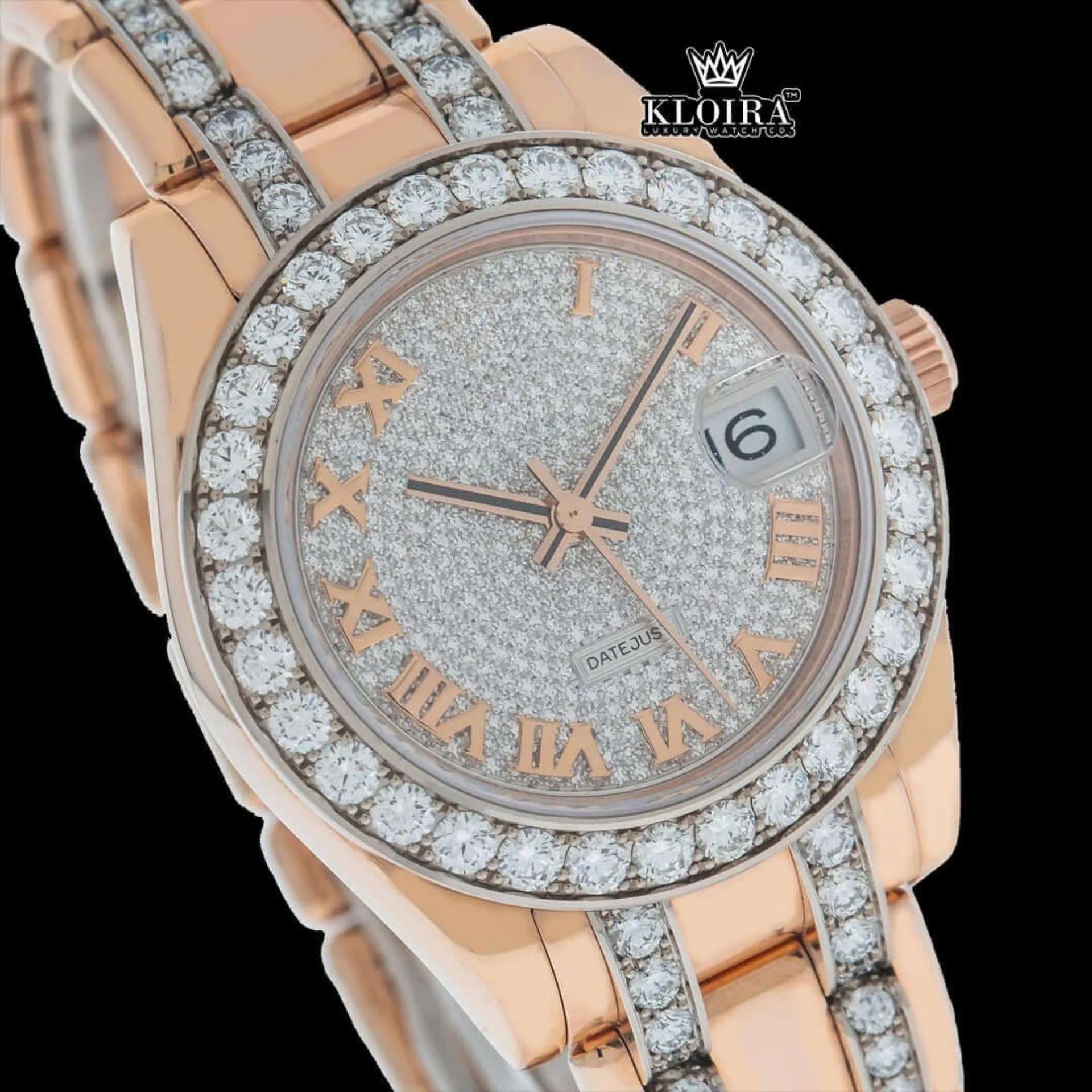 Fully Iced Out Roman Dial Rose Gold Moissanite Watch Close Up Dial View