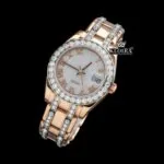 Fully Iced Out Roman Dial Rose Gold Moissanite Watch Close Up Front View