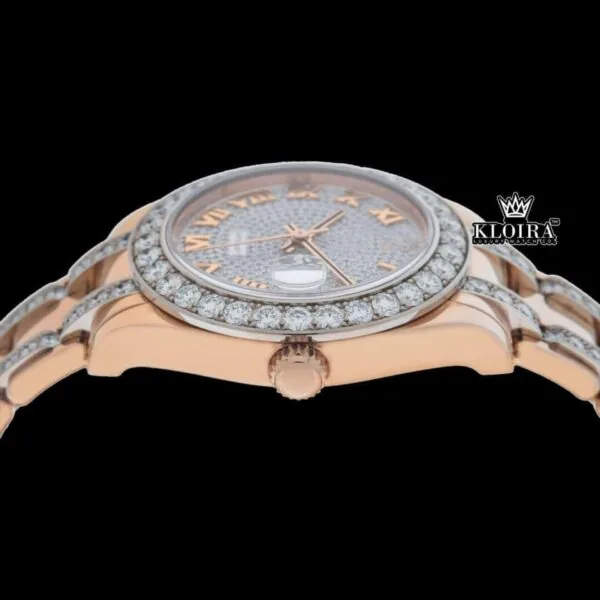 Fully Iced Out Roman Dial Rose Gold Moissanite Watch Crown View