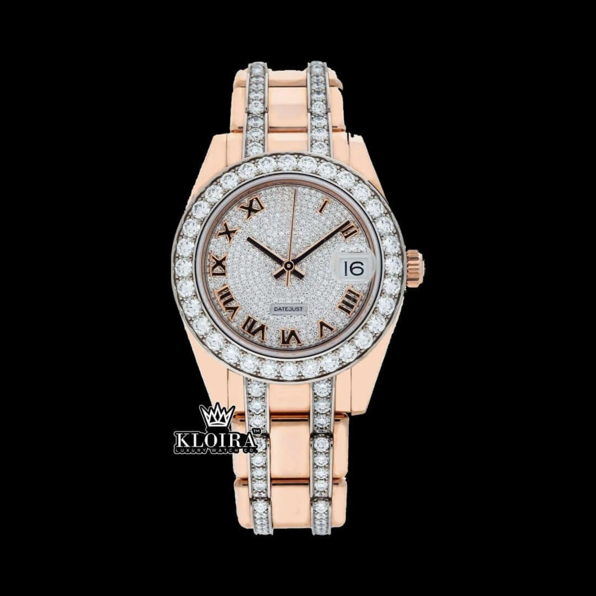 Fully Iced Out Roman Dial Rose Gold Moissanite Watch Front View