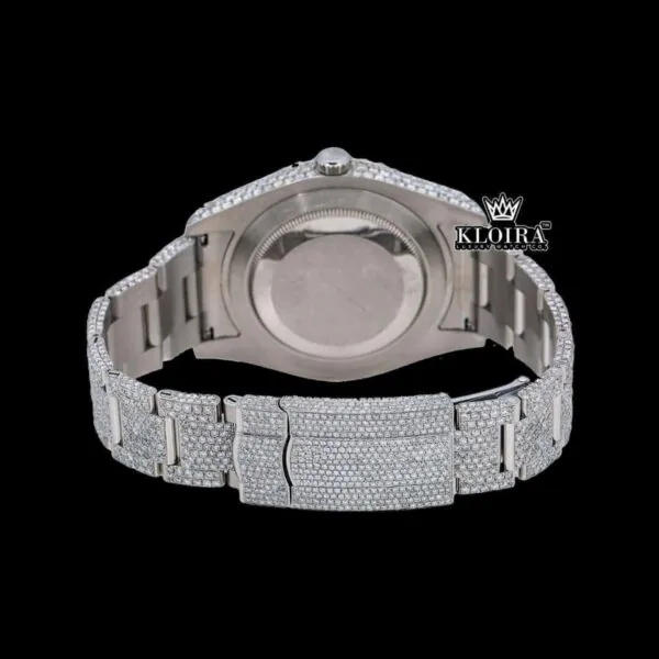 Fully Iced Out Roman Numerals Date Dial Moissanite Diamond Watch Caseback View
