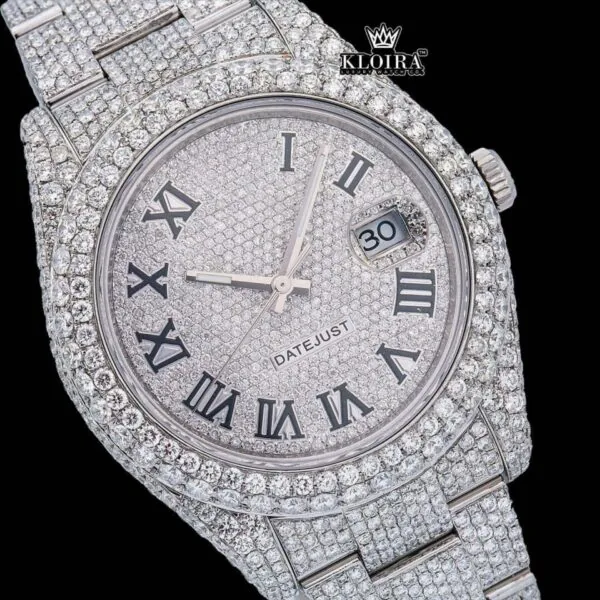 Fully Iced Out Roman Numerals Date Dial Moissanite Diamond Watch Close Up Dial View