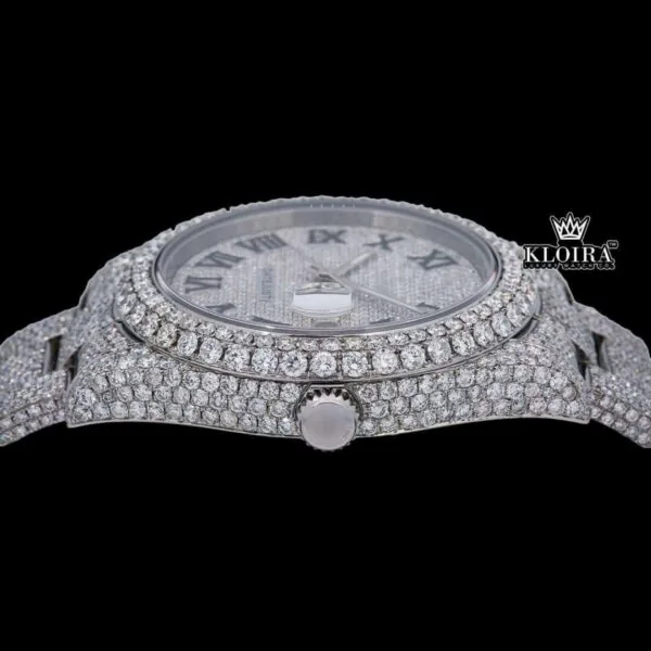 Fully Iced Out Roman Numerals Date Dial Moissanite Diamond Watch Crown View