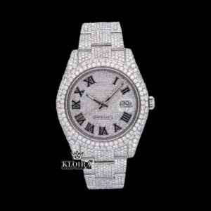 Fully Iced Out Roman Numerals Date Dial Moissanite Diamond Watch