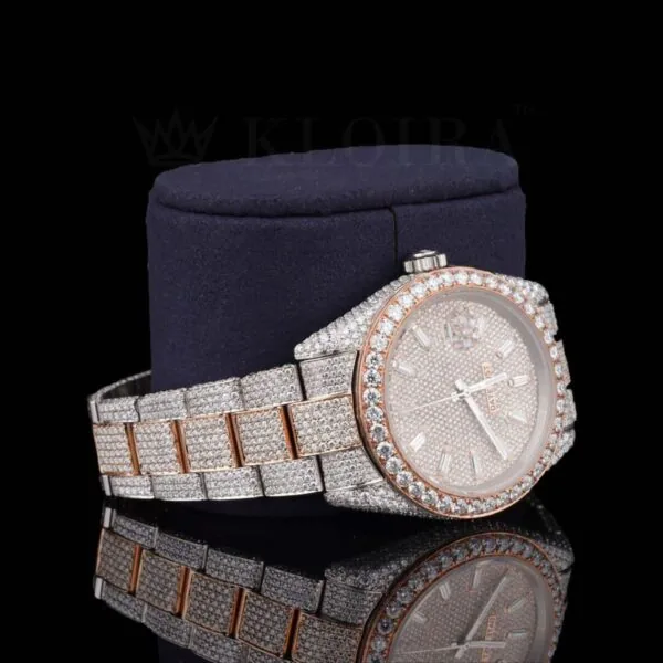 Fully Iced Out Rose Gold Dial Diamond Markers Two Tone Moissanite Watch Laft Profile View