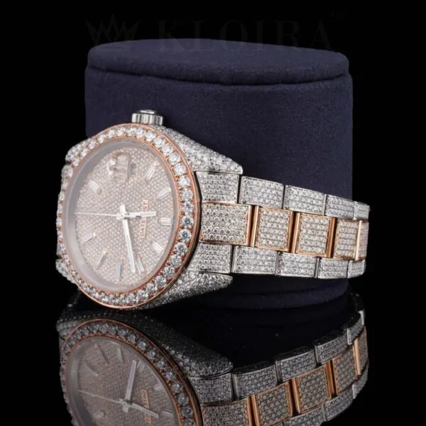 Fully Iced Out Rose Gold Dial Diamond Markers Two Tone Moissanite Watch Right Profile View
