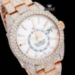 Fully Iced Out Rose Gold White Dial Moissanite Diamond Watch Close Up Dial View