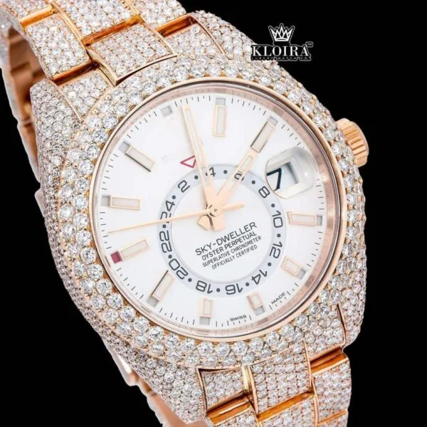 Fully Iced Out Rose Gold White Dial Moissanite Diamond Watch Close Up Dial View