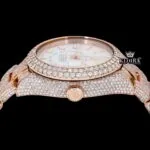 Fully Iced Out Rose Gold White Dial Moissanite Diamond Watch Crown View