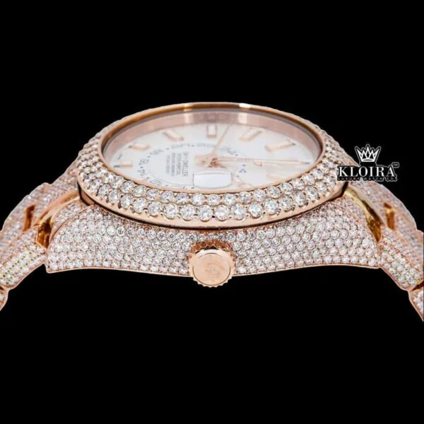 Fully Iced Out Rose Gold White Dial Moissanite Diamond Watch Crown View