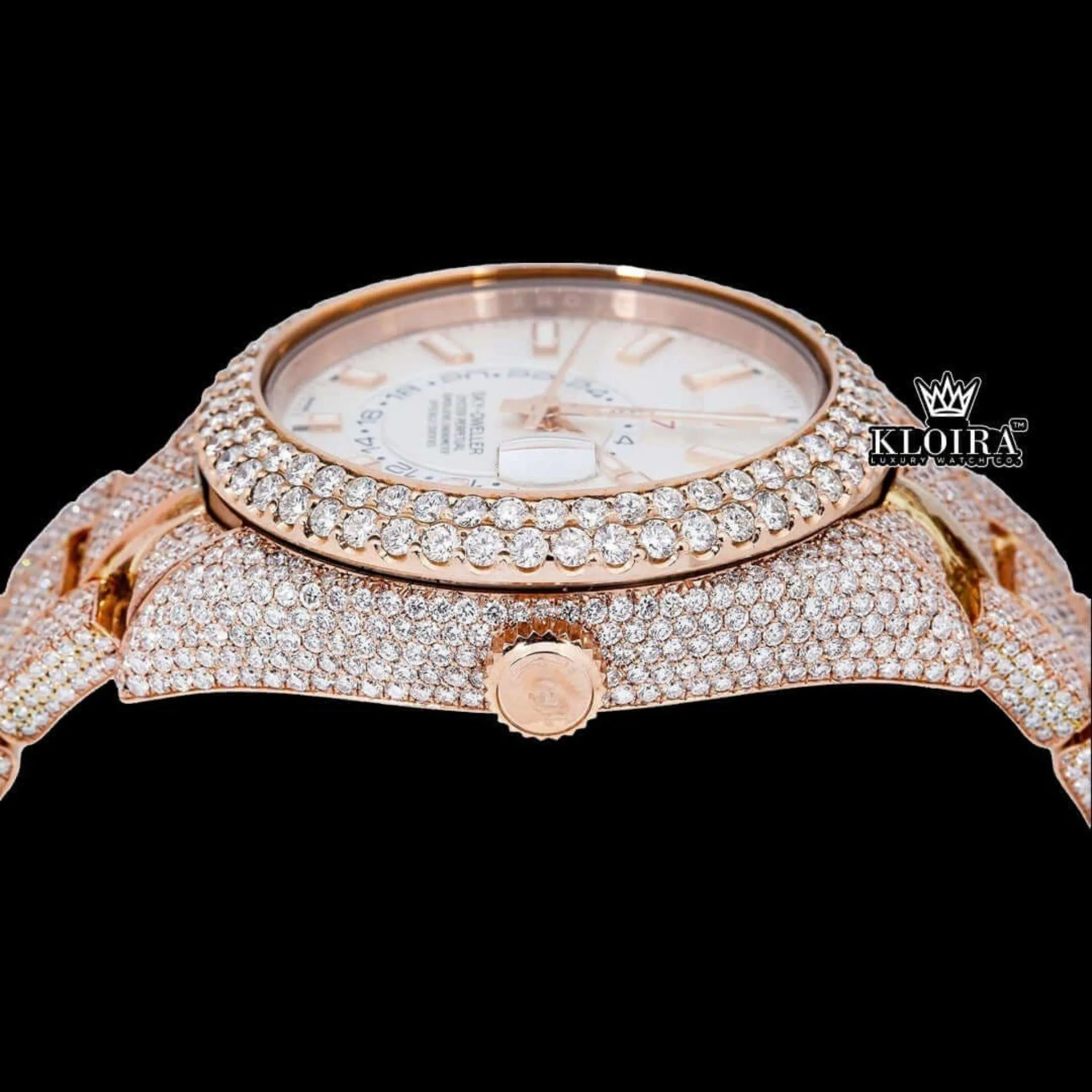 Fully Iced Out Rose Gold White Dial Moissanite Diamond Watch Crown View