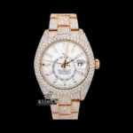Fully Iced Out Rose Gold White Dial Moissanite Diamond Watch Front View