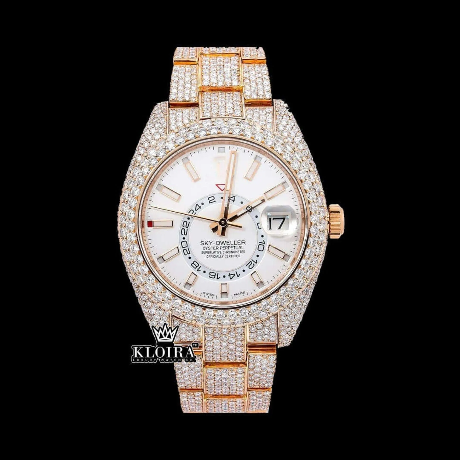 Fully Iced Out Rose Gold White Dial Moissanite Diamond Watch Front View