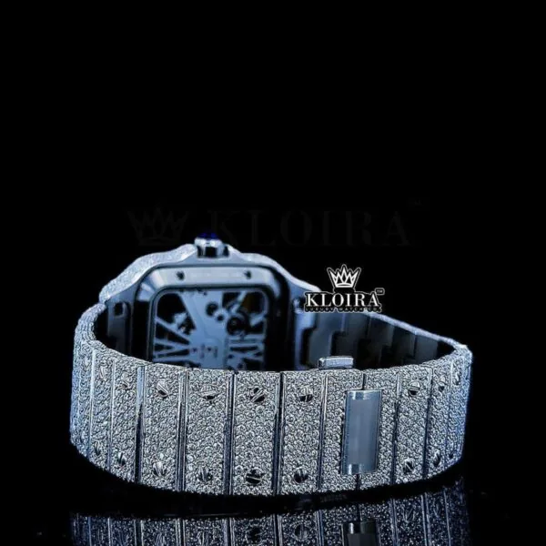 Fully Iced Out Skeleton Dial White Gold Diamond Bar Strap Moissanite Watch Caseback View