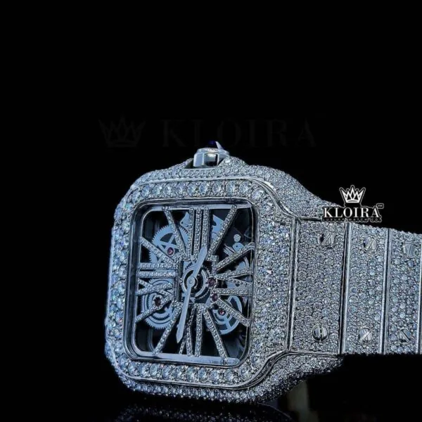 Fully Iced Out Skeleton Dial White Gold Diamond Bar Strap Moissanite Watch Close Up Dial View