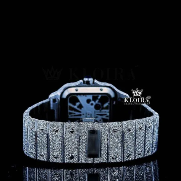 Fully Iced Out Skeleton Dial White Gold Diamond Bar Strap Moissanite Watch Full Caseback View