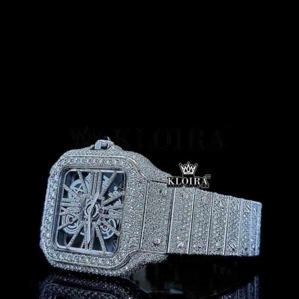 Fully Iced Out Skeleton Dial White Gold Diamond Bar Strap Moissanite Watch Left Profile View