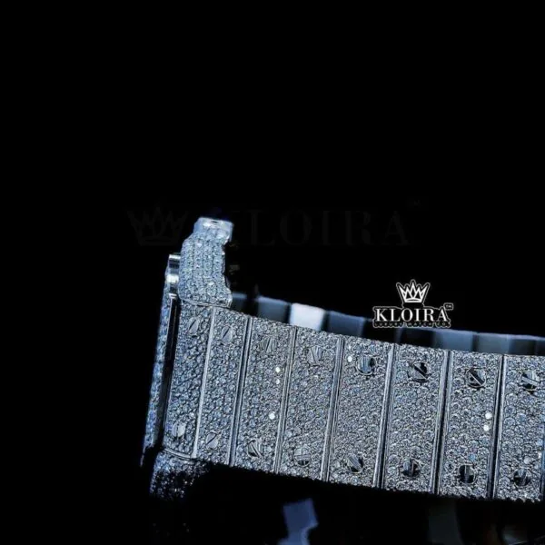 Fully Iced Out Skeleton Dial White Gold Diamond Bar Strap Moissanite Watch Left Side Bracelet View