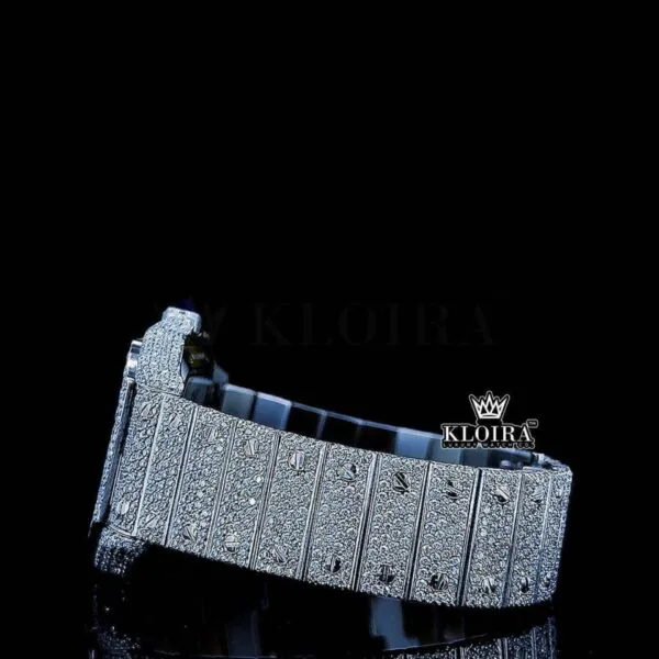 Fully Iced Out Skeleton Dial White Gold Diamond Bar Strap Moissanite Watch Left Side View