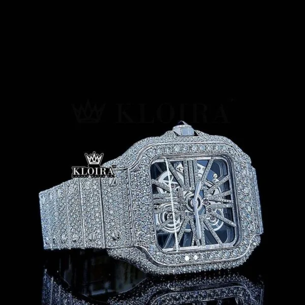Fully Iced Out Skeleton Dial White Gold Diamond Bar Strap Moissanite Watch Right Profile View