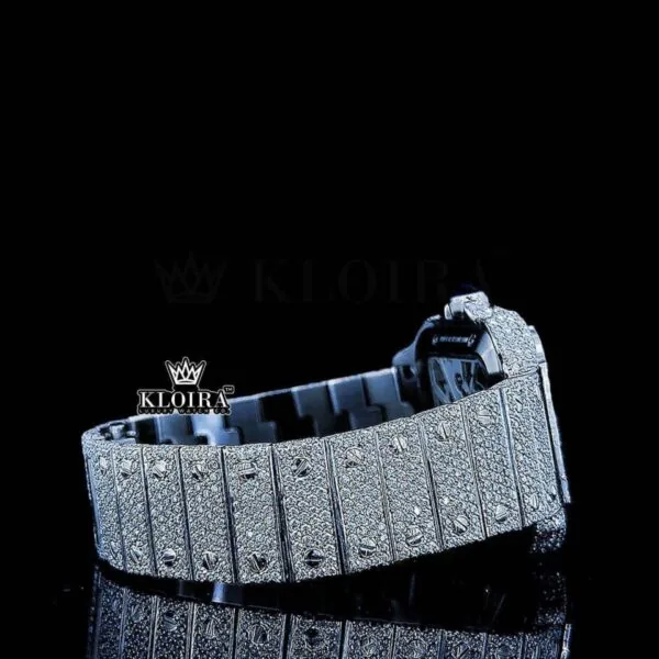 Fully Iced Out Skeleton Dial White Gold Diamond Bar Strap Moissanite Watch Right Side View