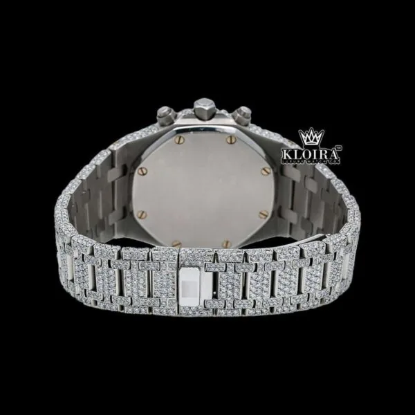 Fully Iced Out Stick Markers White Chronograph Dial Moissanite Watch Caseback View