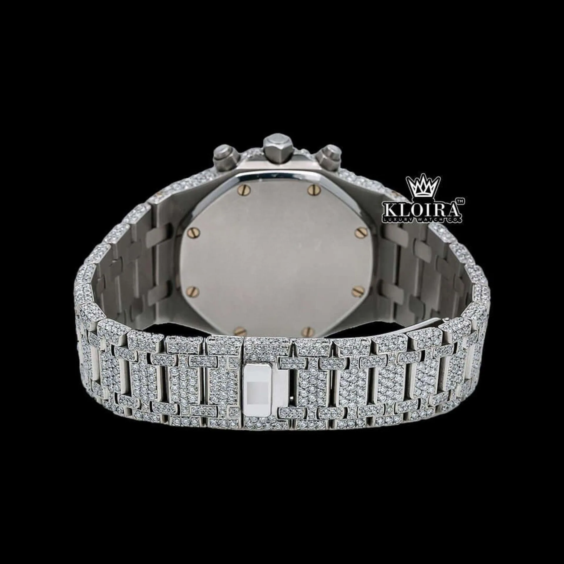 Fully Iced Out Stick Markers White Chronograph Dial Moissanite Watch Caseback View