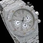 Fully Iced Out Stick Markers White Chronograph Dial Moissanite Watch Close Up Dial View