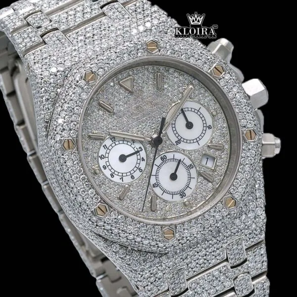 Fully Iced Out Stick Markers White Chronograph Dial Moissanite Watch Close Up Dial View