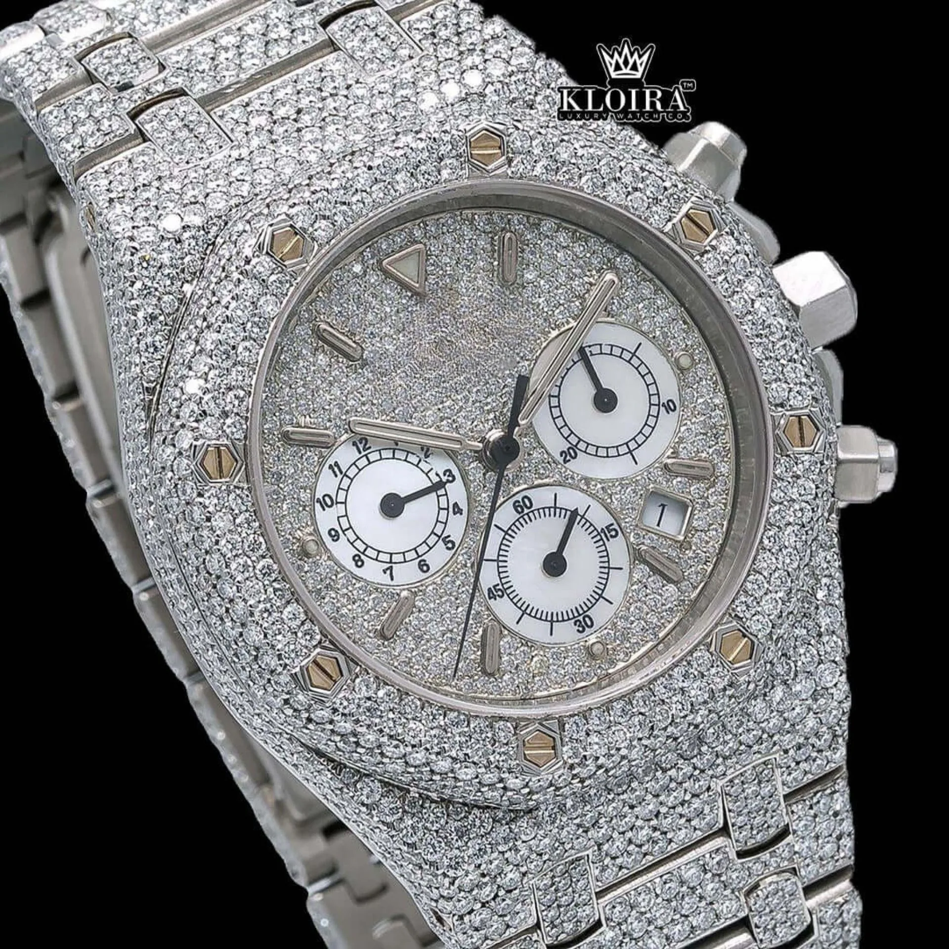 Fully Iced Out Stick Markers White Chronograph Dial Moissanite Watch Close Up Dial View