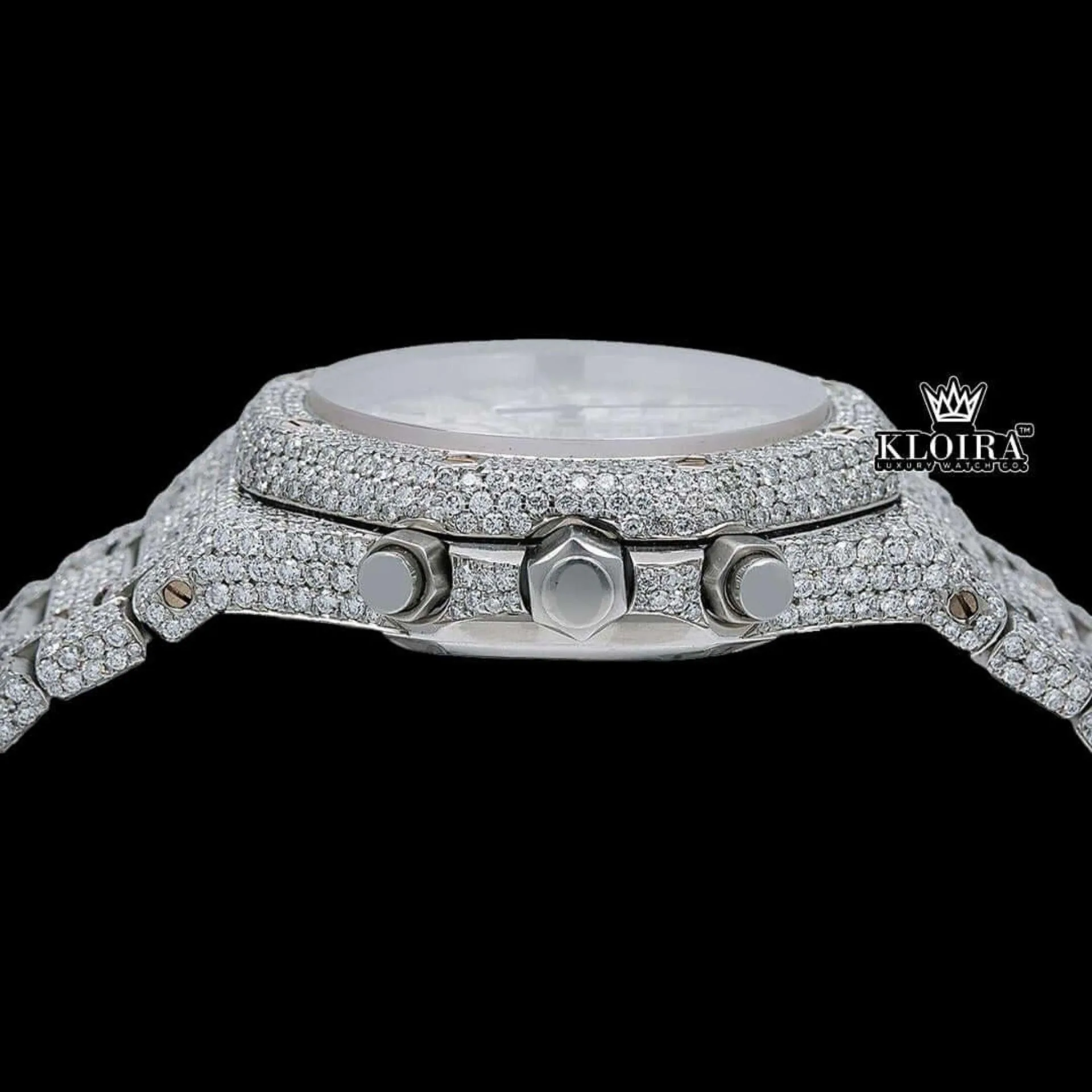 Fully Iced Out Stick Markers White Chronograph Dial Moissanite Watch Crown View