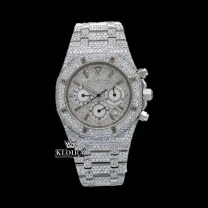 Fully Iced Out Stick Markers White Chronograph Dial Moissanite Watch