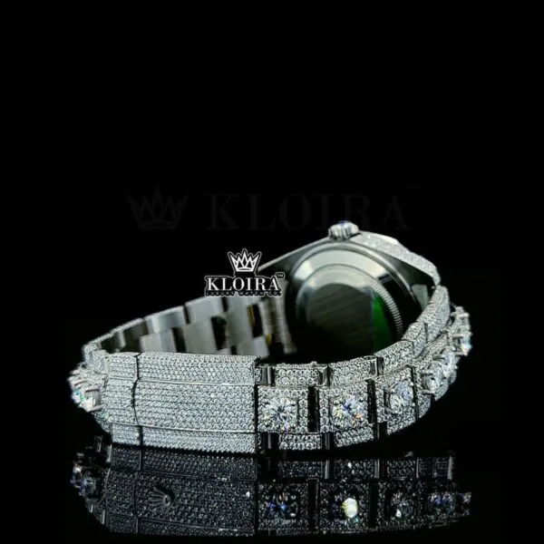 Fully Iced Out Stick Markers White Dial Diamond Link Strap Moissanite Watch Caseback View