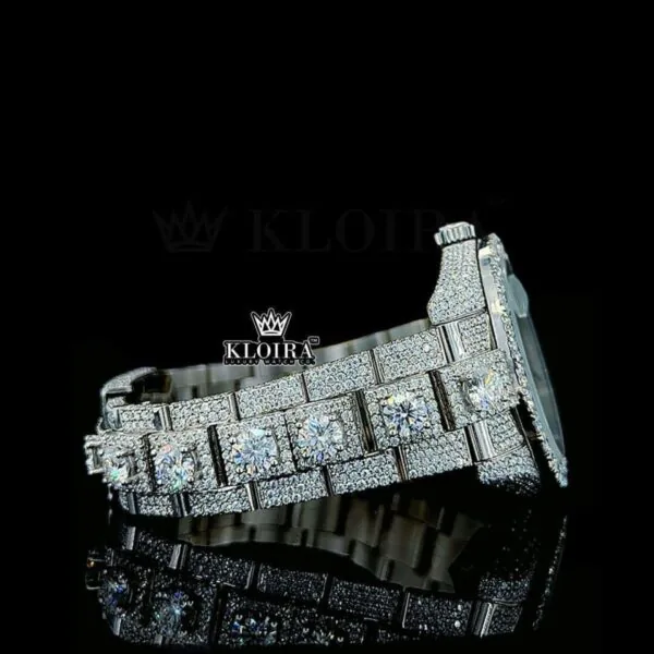 Fully Iced Out Stick Markers White Dial Diamond Link Strap Moissanite Watch Right Side Bracelet View