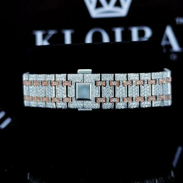 Fully Iced Out Two Tone Black Dial Chronograph Stick Markers Moissanite Watch Back View